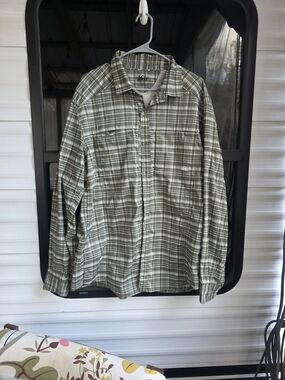 REI Olive and White Plaid Outdoor Button-Front Shirt